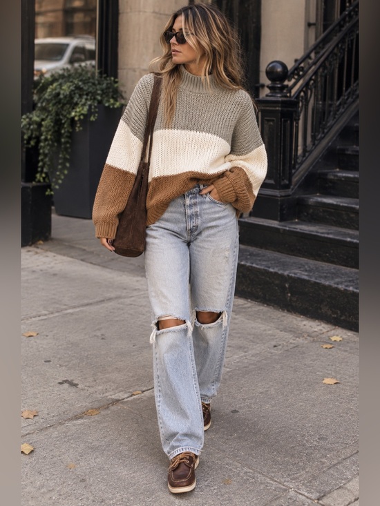Unbranded Sweaters - oversized chunky knit colorblock sweater mock neck neutral cozy boho pullover
